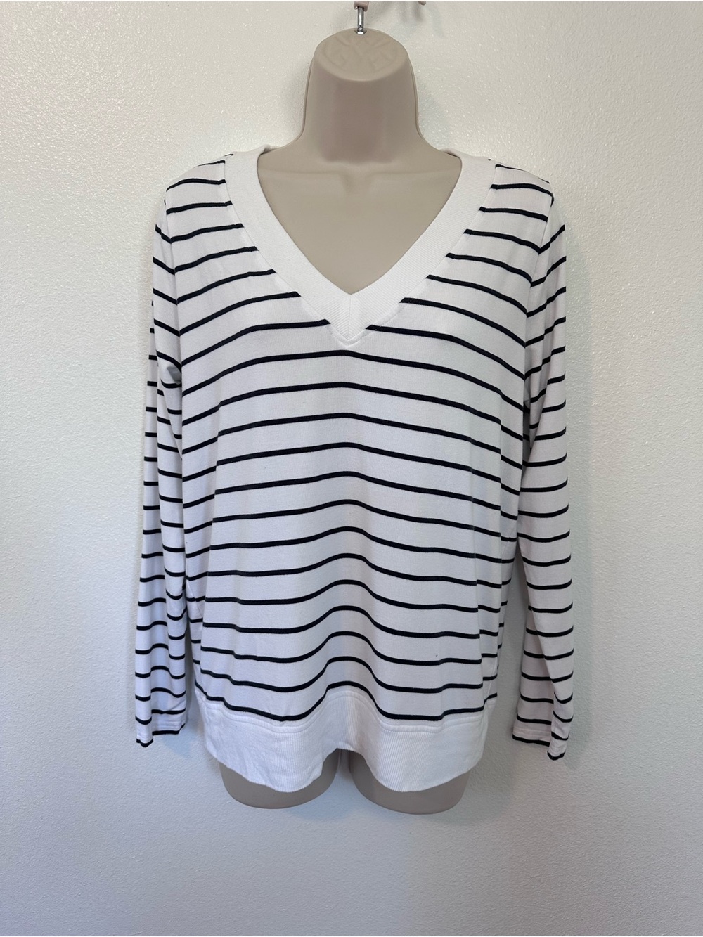 Banana Republic White V-Neck Sweater with Black Stripes